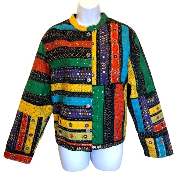 CHICOS COLORFUL EMBROIDERED & BEADED QUILTED JACKET, SZ 2 (12), RED, BLUE, BLACK - Picture 1 of 6